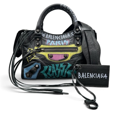 BALENCIAGA 希少 美品 バレンシアガ クラシック ミニ シティ グラフィティ 2way ハンドバッグ ショルダーバッグ 300295 レザー ブラック マルチカラー ミラー付き Y2K ABランク 中古 鑑定済 バレンシアガバッグ