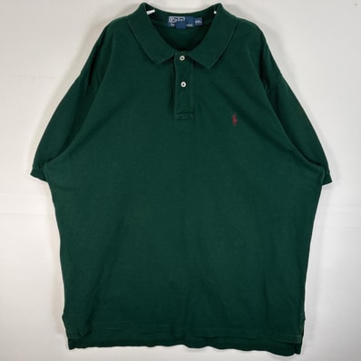 古着 90's/90年代 ポロバイラルフローレン Polo by Ralph Lauren 鹿の子 半袖 ポロシャツ ロゴ 刺繍 大きいサイズ 2ボタン 14041 グリーン 無地 メンズ