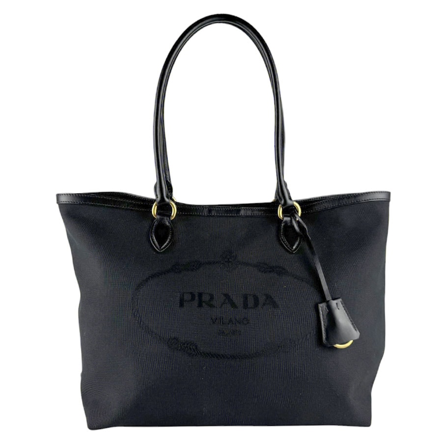 プラダ PRADA ショルダーバッグ トートバッグ キャンバス/レザー ブラック ゴールド レディース【中古】 z9650