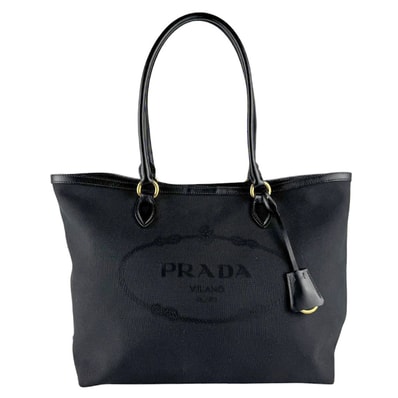 プラダ PRADA ショルダーバッグ トートバッグ キャンバス/レザー ブラック ゴールド レディース【中古】 z9650