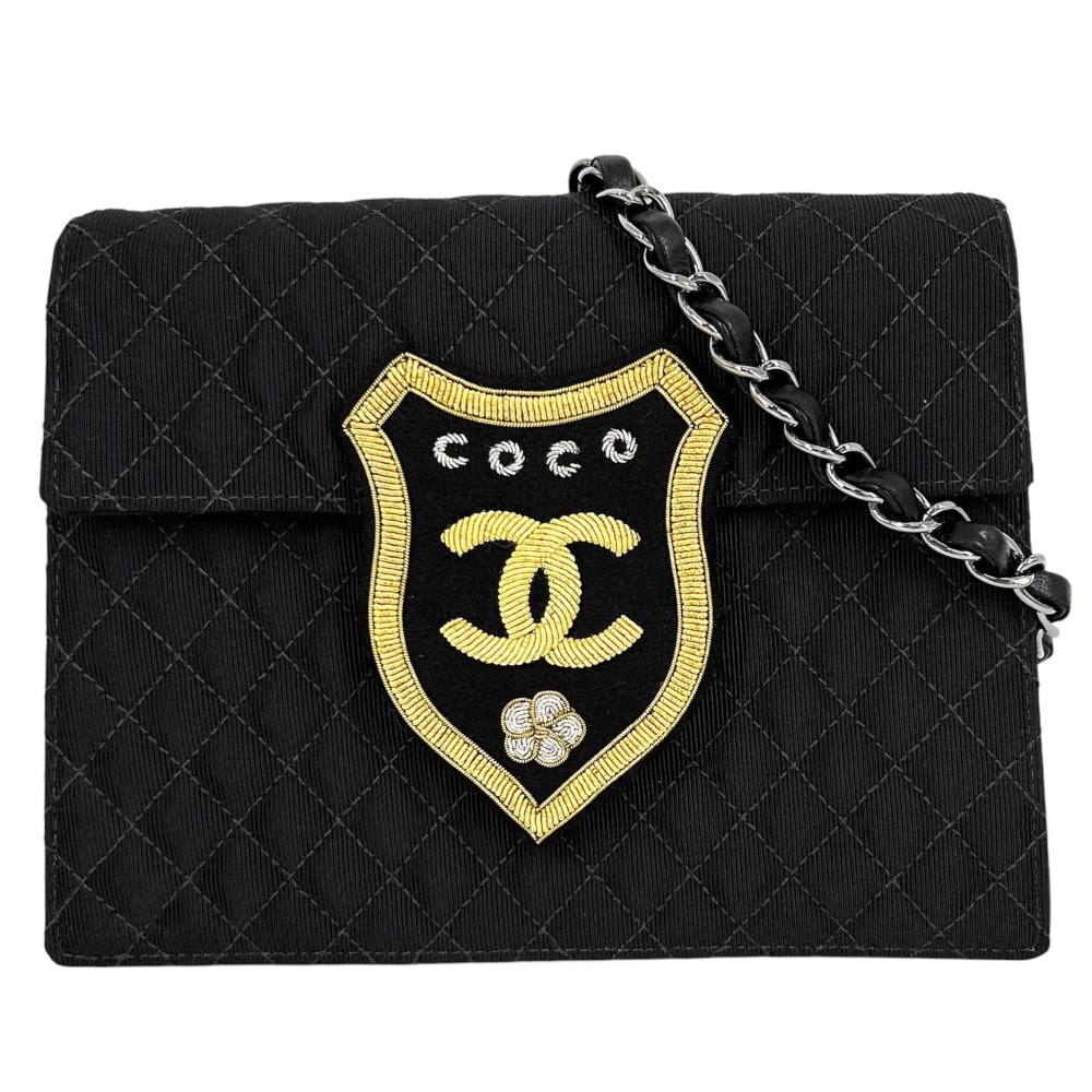 CHANEL シャネル ショルダーバッグ マトラッセ エンブレムワッペン ココマーク チェーンショルダー 肩掛け 斜め掛け ココ かばん 鞄 キャンバス レザー ブラック 黒 シルバー金具 レディース 美品【中古品】