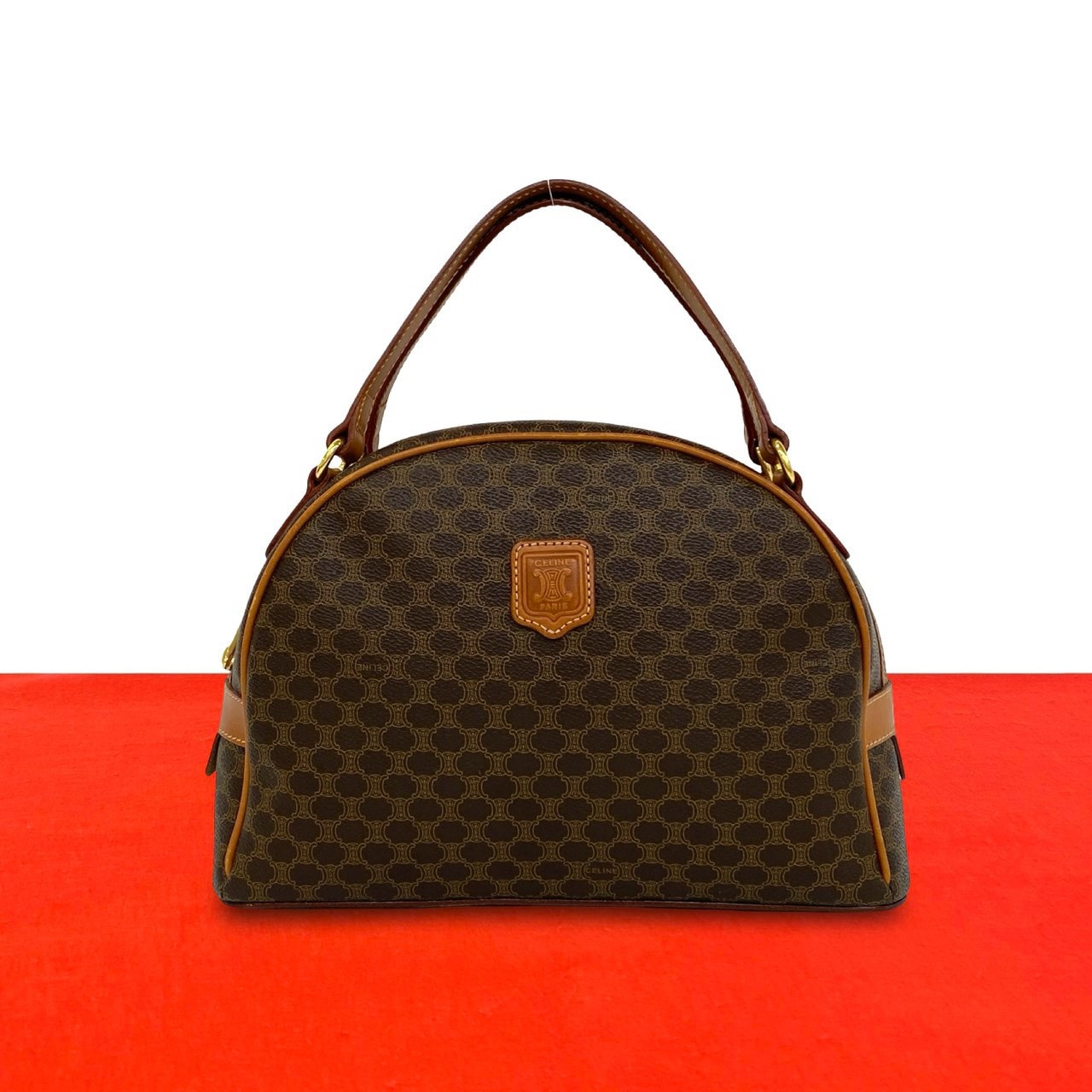 CELINE セリーヌ マカダム ブラゾン 柄 トリオンフ レザー PVC ハンドバッグ ブラウン
 38864