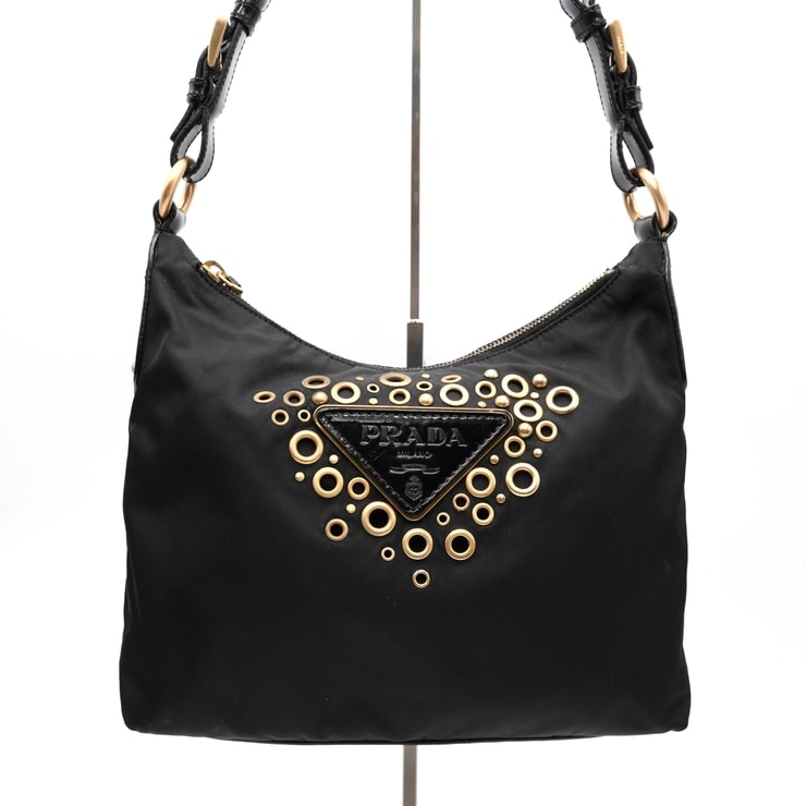 PRADA(プラダ)テスート ナイロン ショルダーバッグ ワンショルダー ブラック アイレット ゴールド金具 レディース【中古】