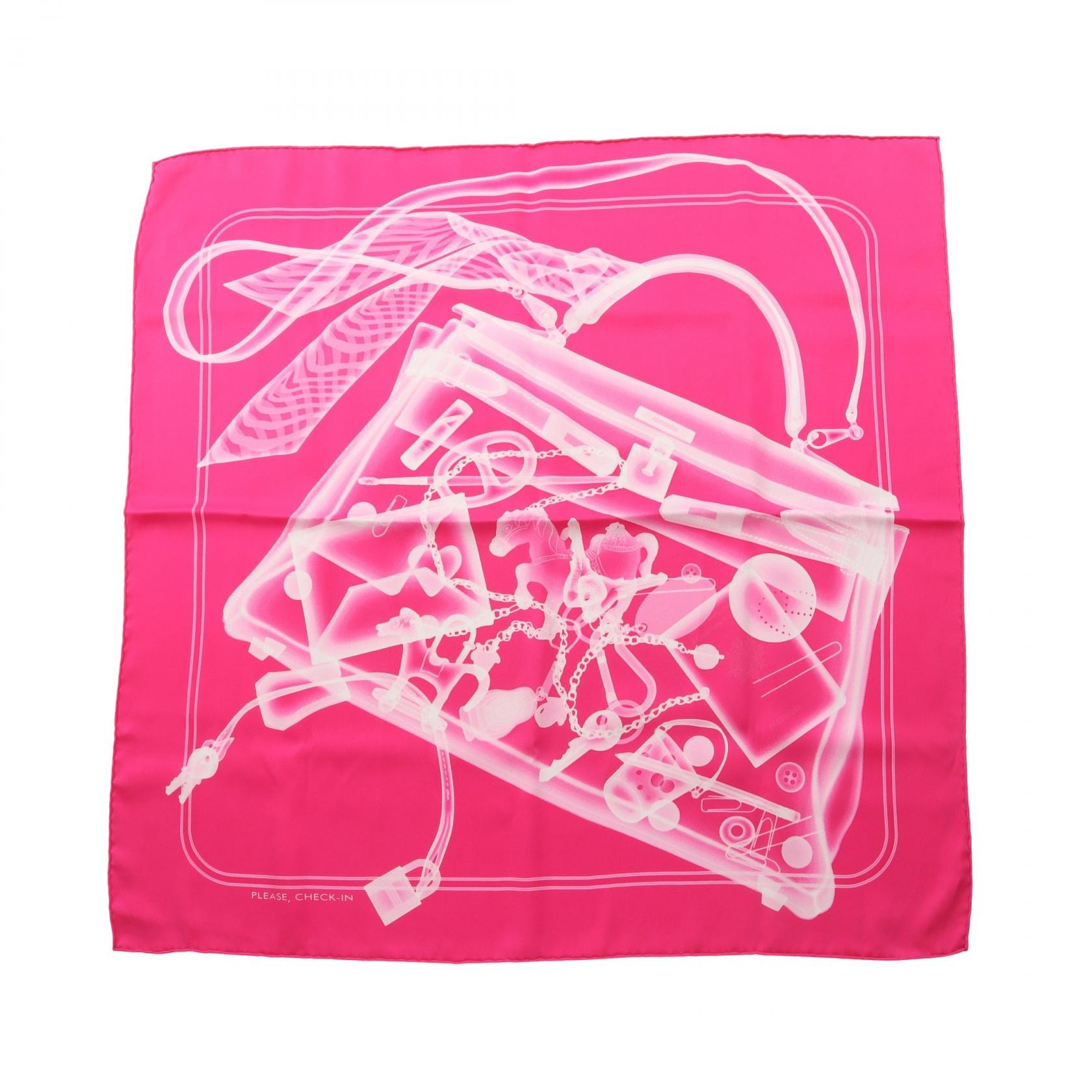 エルメス HERMES カレ70 PLEASE CHECK IN スカーフ 衣料品 シルク シルク ピンク レディース ピンク系 / ホワイト系 【中古】