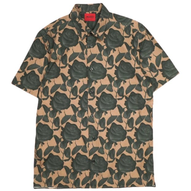 HUGO BOSS ヒューゴボス トルコ製 ROSE PRINT SHIRT ローズプリントショートスリーブシャツ S Brown 半袖 薔薇 トップス g24090