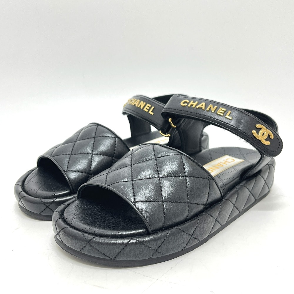 シャネル CHANEL ロゴ ココマーク G45430 マトラッセ ベルクロ 靴 サンダル ラムスキン ブラック 未使用