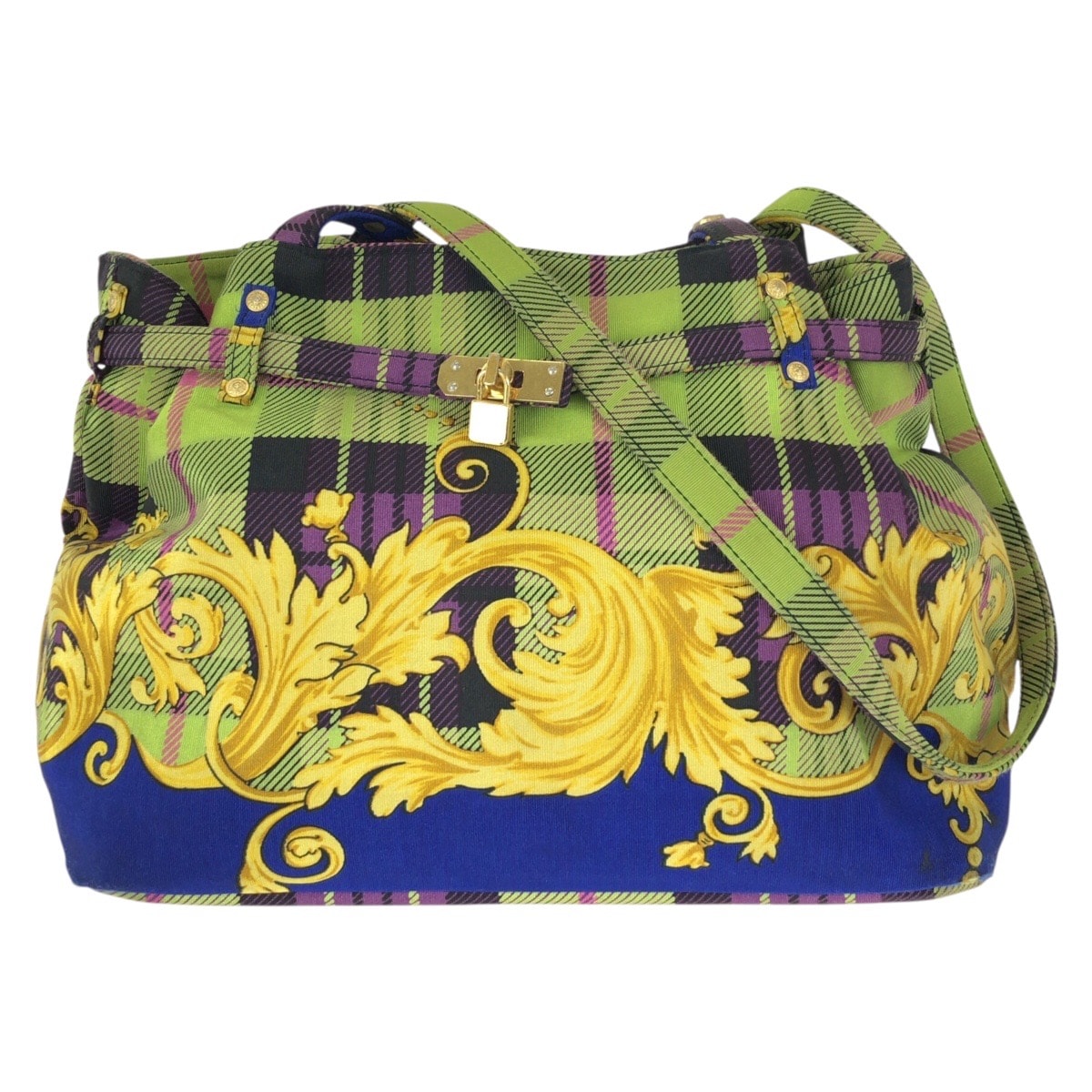 VERSACE ヴェルサーチ ヴィンテージ タータンバロック ブルー グリーン イエロー キャンバス ショルダーバッグ トートバッグ 603238 【中古】