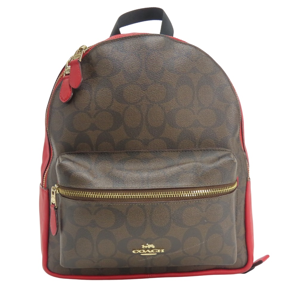 【中古】 コーチ リュック・デイパック シグネチャー F32200 PVC レザー レッド ダークブラウン レディース 女性 COACH