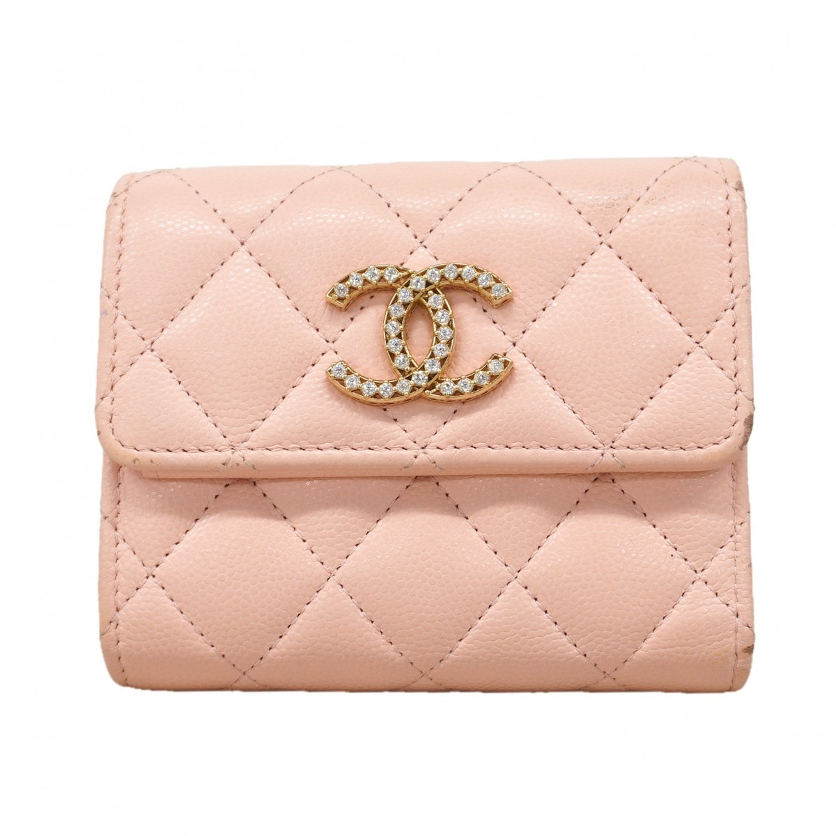 ★SALE【6ee5597-k】シャネル 三つ折り財布 マトラッセ キャビアスキン ピンク シャンパンゴールド金具【中古】レディース