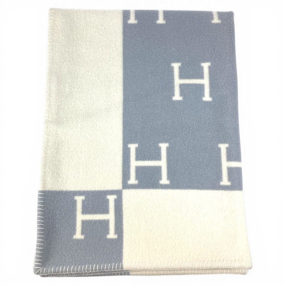エルメス HERMES アヴァロン プレード ロゴ 雑貨 毛布 インテリア ひざ掛け プレード ブランケット ウール/カシミヤ ブルー系