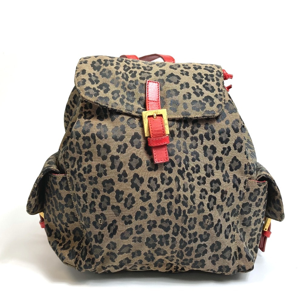 フェンディ FENDI レオパード柄 カバン バックパック リュックサック キャンバス/レザー ブラウン×レッド