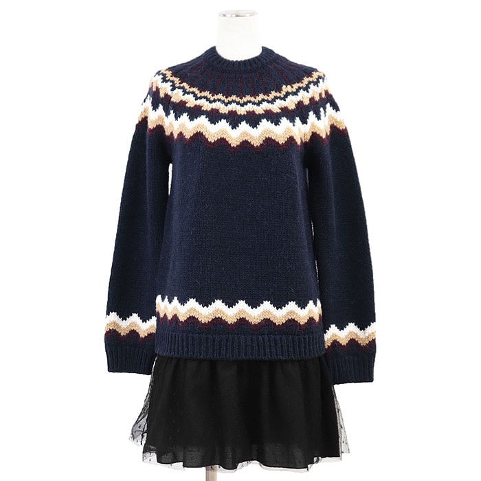 美品 ヴァレンチノ ノルディック ローゲージ セーター チュール コンビネーション トップス ワンピース ニット レディース ネイビー ブラック サイズ表記無 Valentino