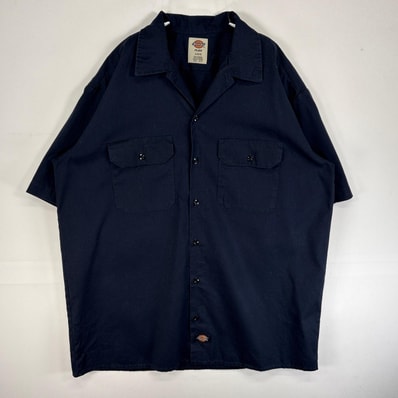 古着 ディッキーズ Dickies 半袖シャツ ワーク フラップポケ 作業着 ワンポイント ロゴ FLEX L ネイビー 無地 メンズ