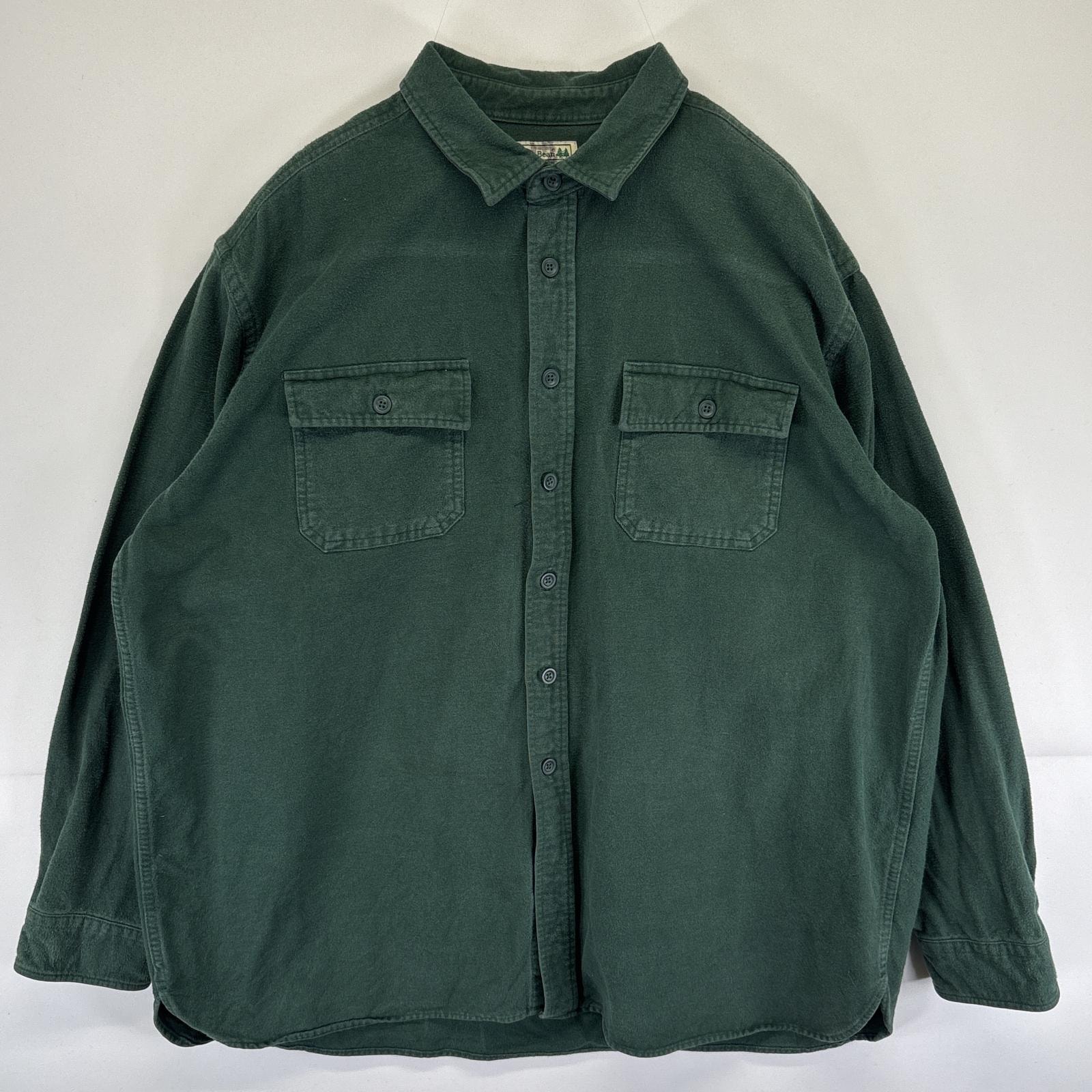 古着 エルエルビーン L.L.Bean 長袖 ネルシャツ シャモアシャツ 大きいサイズ 胸ポケット 14041  グリーン 無地 メンズ