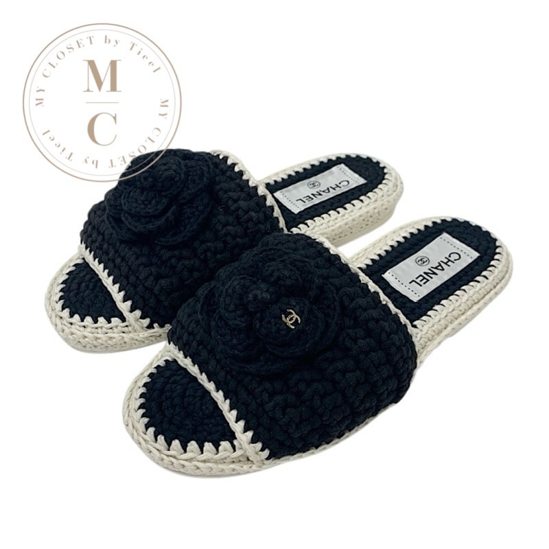 シャネル CHANEL サンダル 靴 シューズ ファブリック ブラック ホワイト ココマーク カメリア ニット フラット ミュール