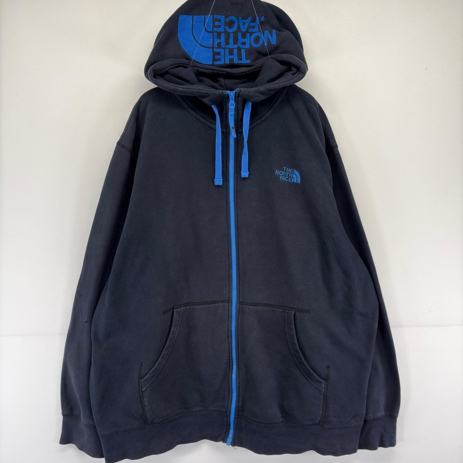 古着 ザ・ノースフェイス THE NORTH FACE スウェット パーカー 刺繍 フルジップ フードロゴ ワンポイント 2XL  ブラック系 メンズ