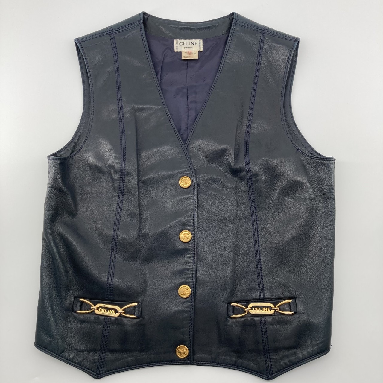 CELINE(セリーヌ) ホースビット カーフレザー ロゴボタン ヴィンテージ 42 ベスト ブラック×ゴールド