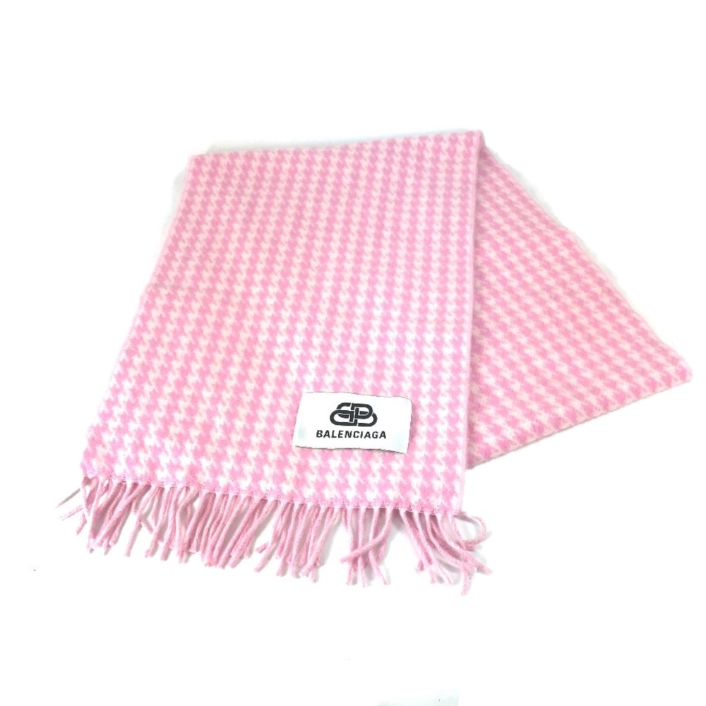 バレンシアガ BALENCIAGA チェック ロゴ フリンジ マフラー ウール/カシミヤ ピンク 美品