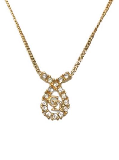 Dior Rhinestone Logo Plate Necklace "Gold"