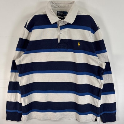 古着 90's/90年代 ポロバイラルフローレン Polo by Ralph Lauren 長袖 ラガーシャツ ワンポイント ロゴ 刺繍 ボーダー CUSTOM FIT L ブルー系 マルチカラー メンズ