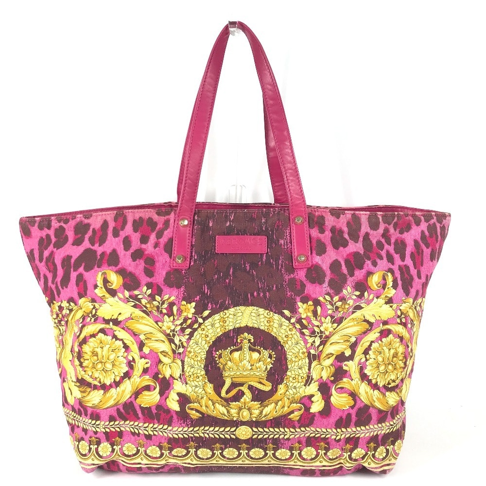 ヴェルサーチ VERSACE ロゴ 総柄 カバン トートバッグ 肩掛け ショルダーバッグ レザー/キャンバス ピンク