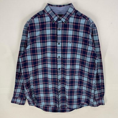 古着 トミーヒルフィガー TOMMY HILFIGER 長袖シャツ ワンポイント 胸ポケット ロングスリーブ L ネイビー系 チェック メンズ