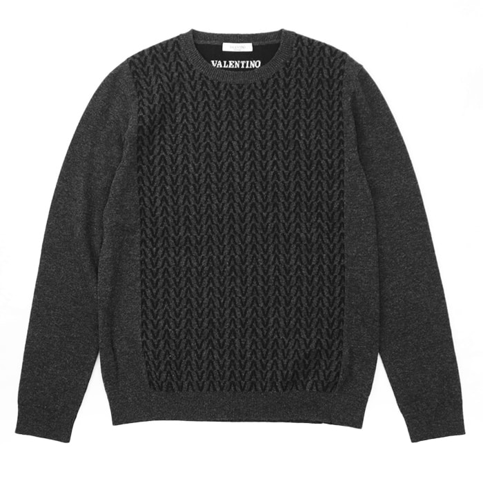 美品 ヴァレンチノ V総柄 ウール100％ クルーネック セーター メンズ グレー ブラック S Valentino