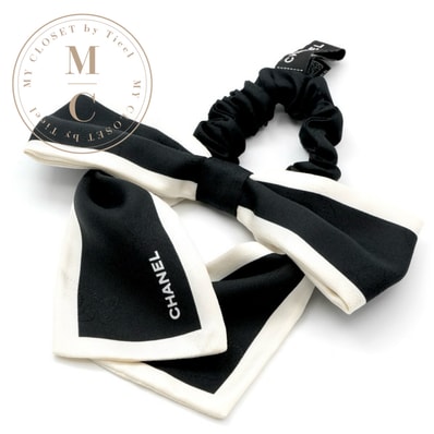 シャネル CHANEL ヘアアクセサリー シルク ブラック ホワイト ココマーク カメリア ロゴ リボン シュシュ ヘアゴム