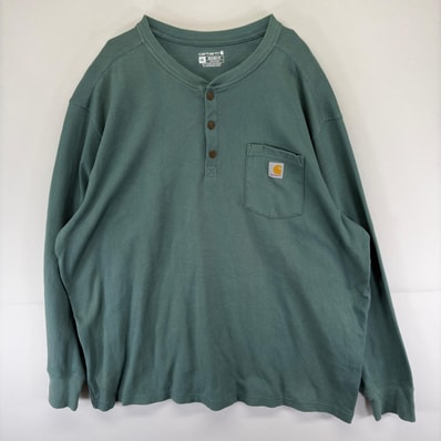 古着 カーハート Carhartt 長袖Tシャツ ハーフボタン 大きいサイズ 胸ポケット トレーナー ヘンリーネック 3XL グリーン系 メンズ