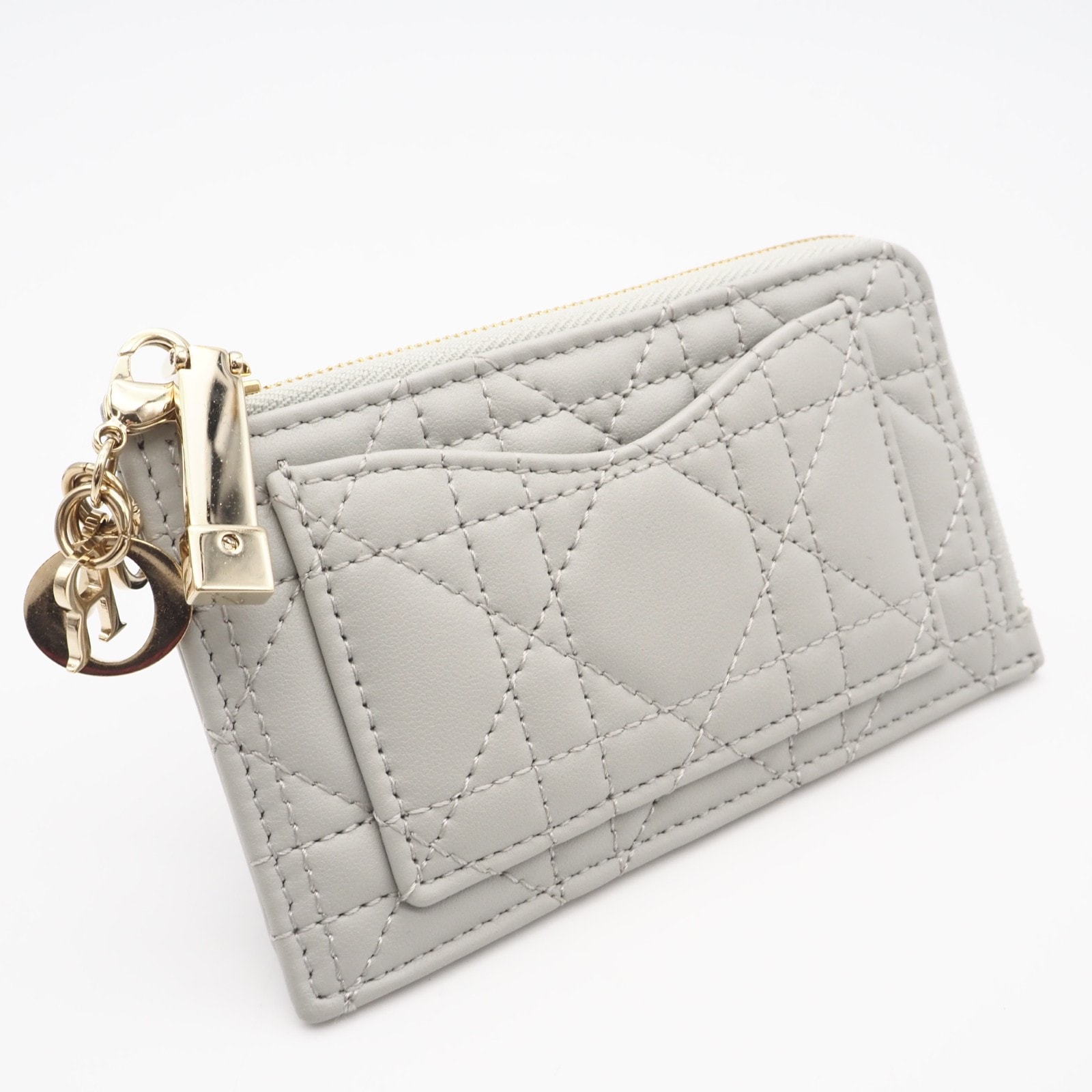美品 Christian Dior クリスチャンディオール カナージュ ラムスキン Lady Dior Cosmos ジップ カードホルダー S0965ONMJ カードケース グレー ラムスキン レディース