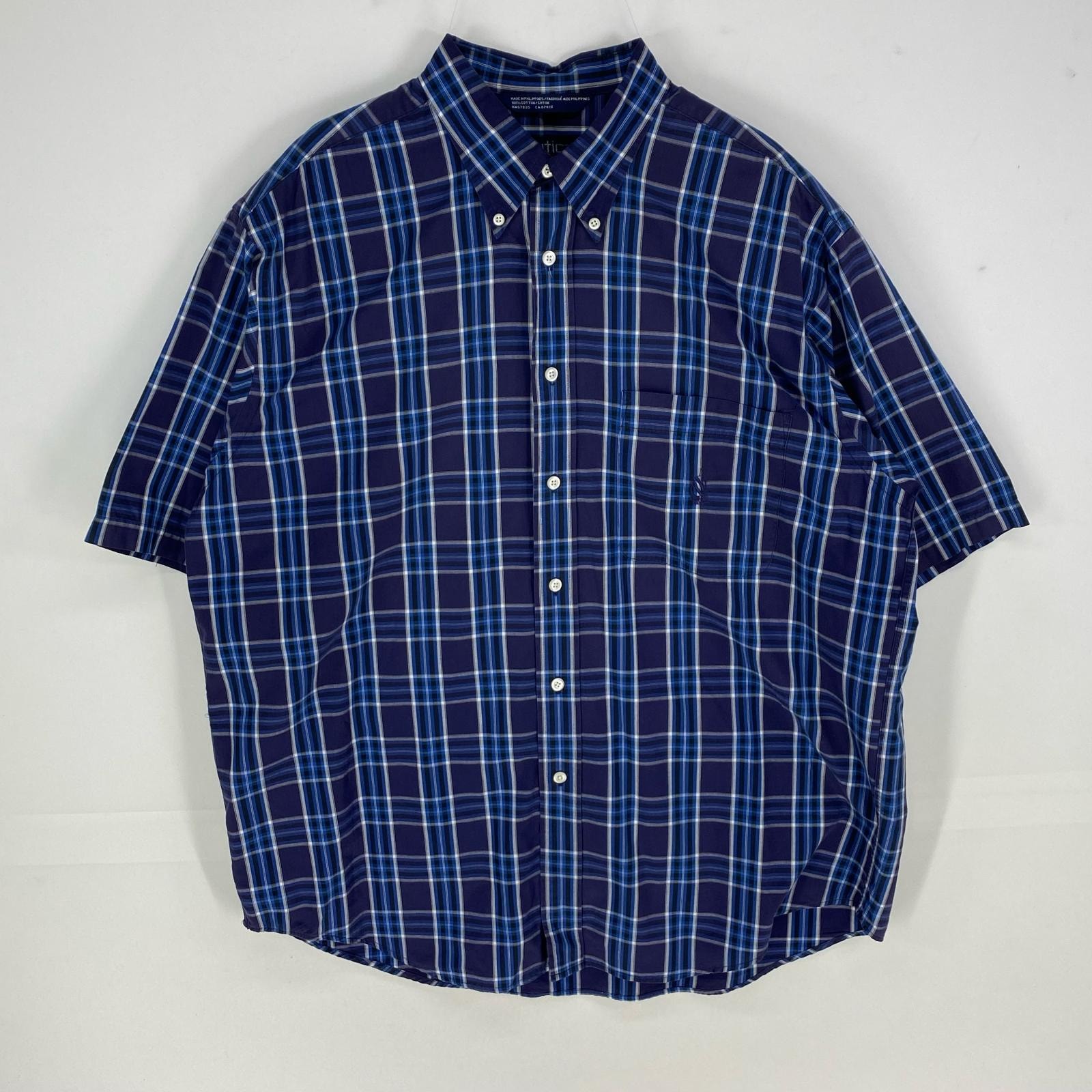 古着 90's/90年代 ノーティカ NAUTICA 半袖シャツ ボタンダウン ワンポイント 胸ポケット L ブルー系 チェック メンズ