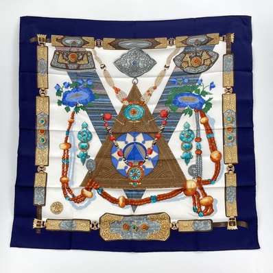 HERMES(エルメス) Tibet チベット カレ90 シルク スカーフ ホワイト×ネイビー