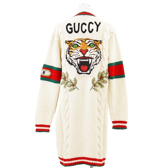 GUCCI グッチ ニットスクールロングカーディガン GUCCY シェリーライン ウェブストライプ ウール100% ローゲージ インターロッキング GG ボタン タイガー 虎 ワッペン 長袖 トップス レディース サイズ XS アイボリー マルチカラー 伊製