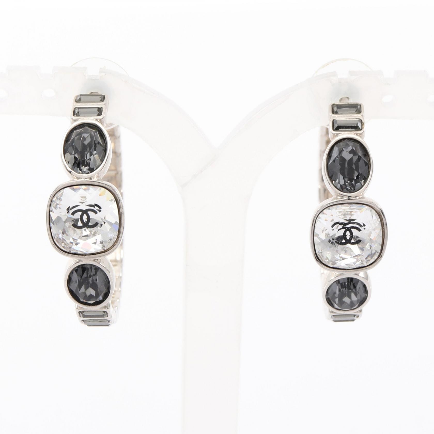 シャネル CHANEL ココマーク フープ ピアス ジュエリー ステンレススチール ラインストーン レディース シルバー系 / クリア系 / ブラック系 【中古】