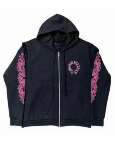 Chrome Hearts Horseshoe Floral Cross Zip-Up Hoodie "Black/Pink"