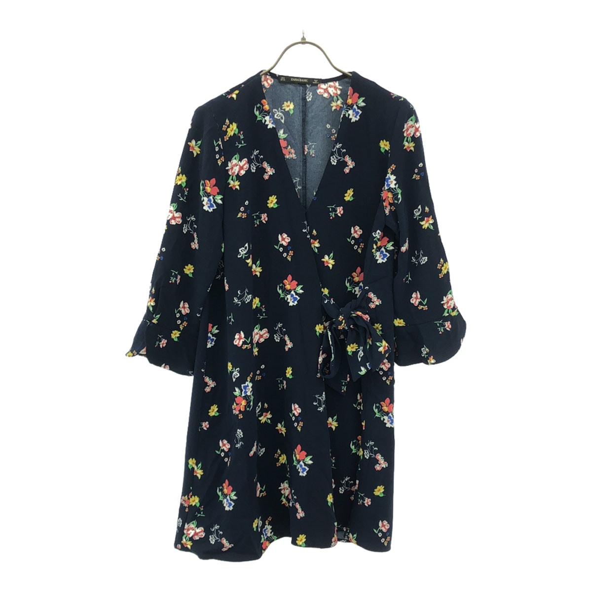 ZARA BASIC ザラベーシック 花柄 長袖 Vネック 膝丈ワンピース S ネイビー系 ウエストリボン