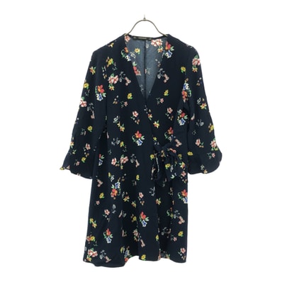 ZARA BASIC ザラベーシック 花柄 長袖 Vネック 膝丈ワンピース S ネイビー系 ウエストリボン