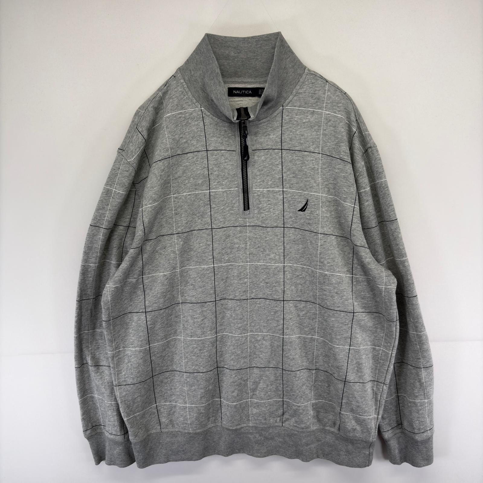 古着 ノーティカ NAUTICA スウェット ワンポイントロゴ 大きいサイズ ハーフジップ トレーナー 2XL  グレー系 チェック メンズ