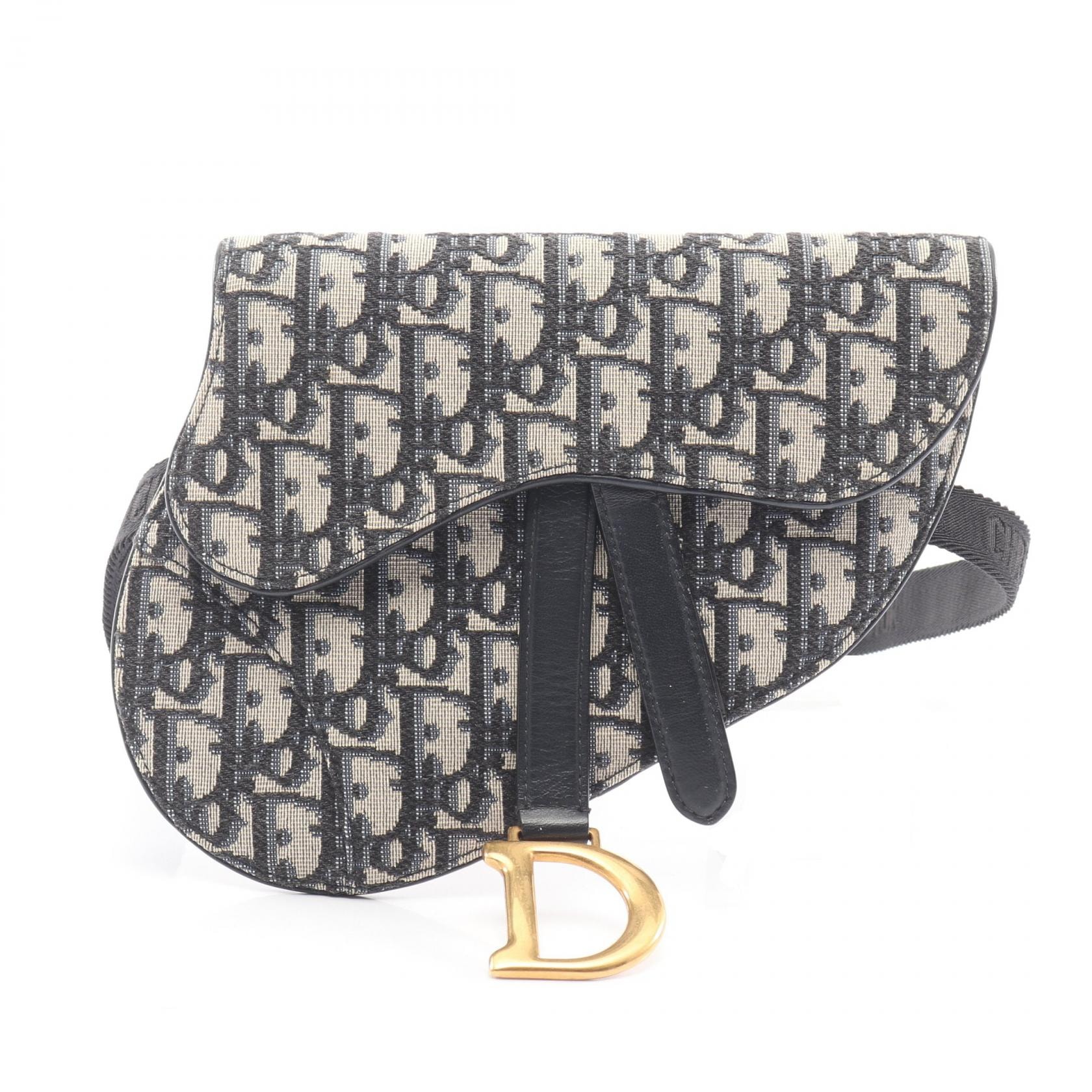 ディオール Dior サドル フラット ベルトポーチ オブリークジャカード ウエストバッグ ボディバッグ バッグ キャンバス レザー レディース ベージュ系 / ネイビー系 【中古】