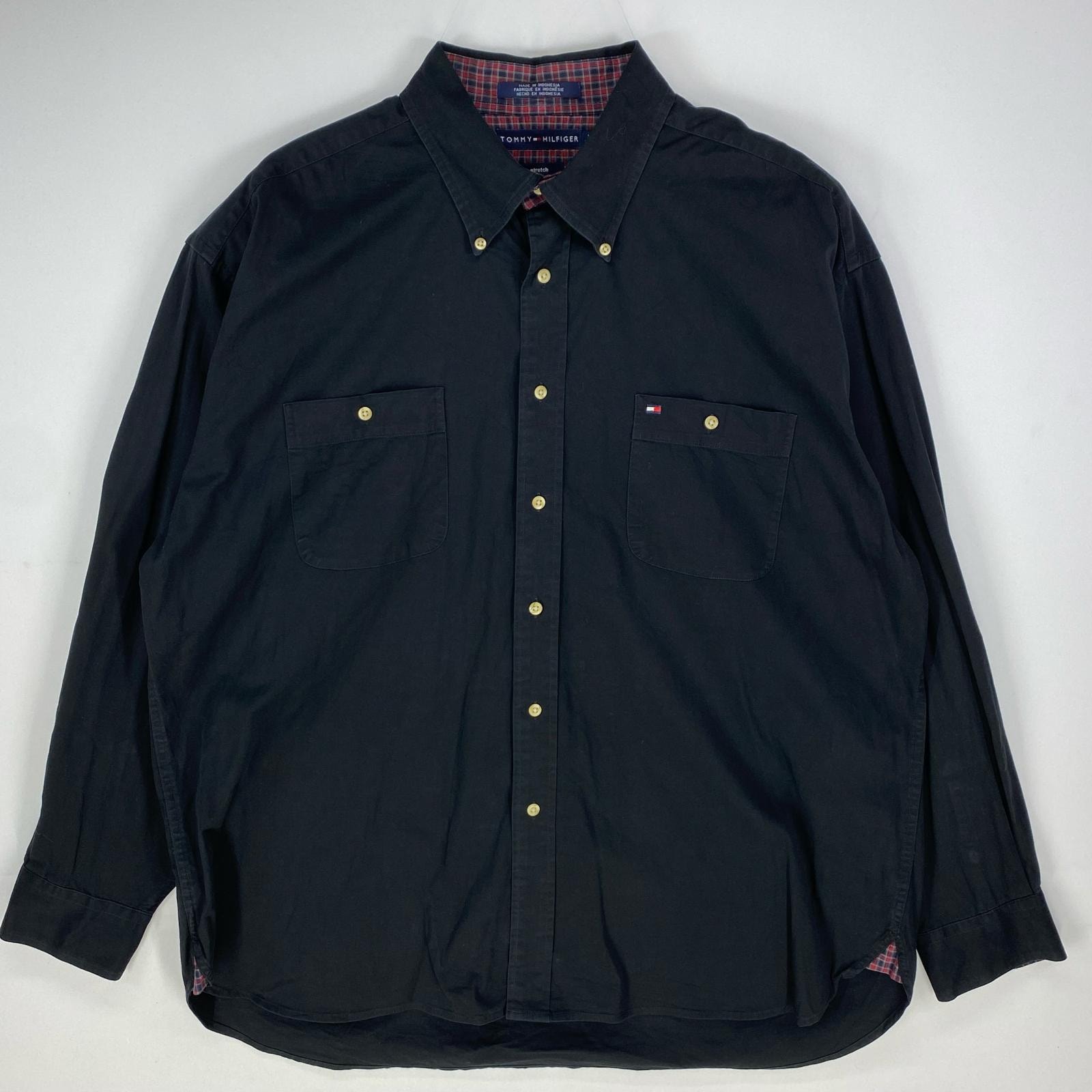 古着 トミーヒルフィガー TOMMY HILFIGER 長袖シャツ ワンポイント 胸ポケット ボタンダウン XL ブラック系 メンズ