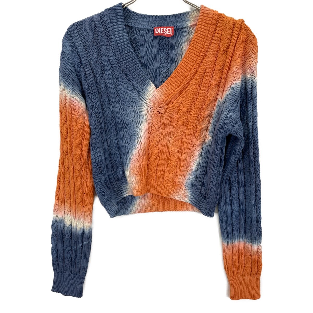 ディーゼル オレンジ×ブルー バイカラー グラデーション ケーブルクロップドニット S