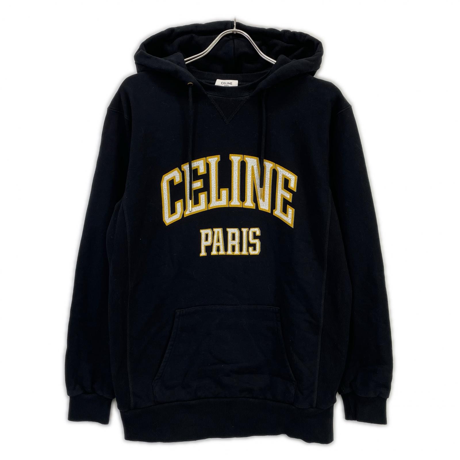 セリーヌ 2Y70F670Q.38WL ブラック×イエロー コットン フロントロゴ オーバーサイズプルオーバーパーカー/スウェットフーディ XS