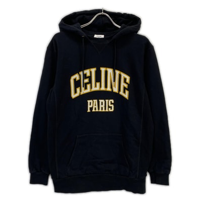 セリーヌ 2Y70F670Q.38WL ブラック×イエロー コットン フロントロゴ オーバーサイズプルオーバーパーカー/スウェットフーディ XS