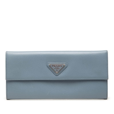 プラダ 三角ロゴプレート サフィアーノ 長財布 ライトブルー レザー レディース PRADA 中古