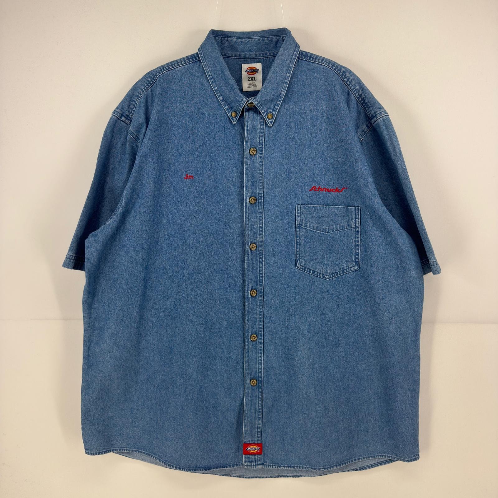 古着 ディッキーズ Dickies 半袖シャツ デニム 大きいサイズ ワンポイント 刺繍 ワーク 胸ポケット 2XL  ブルー メンズ