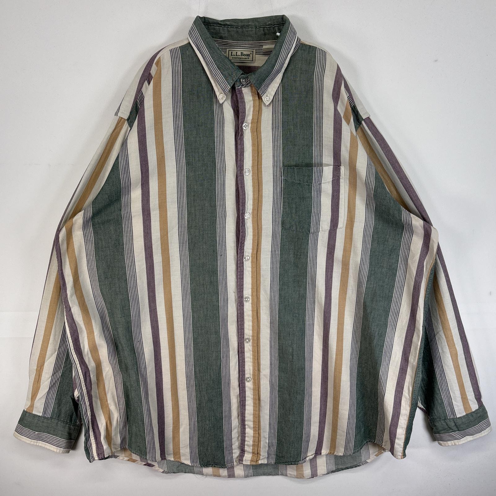 古着 80's～90's/80年代～90年代 ヴィンテージ エルエルビーン L.L.Bean 長袖シャツ ストライプ 大きいサイズ USA製 NORTH WOODS 14041  グリーン マルチカラー メンズ