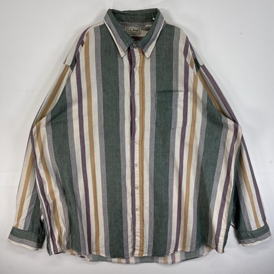 古着 80's~90's/80年代~90年代 ヴィンテージ エルエルビーン L.L.Bean 長袖シャツ ストライプ 大きいサイズ USA製 NORTH WOODS 14041 グリーン マルチカラー メンズ