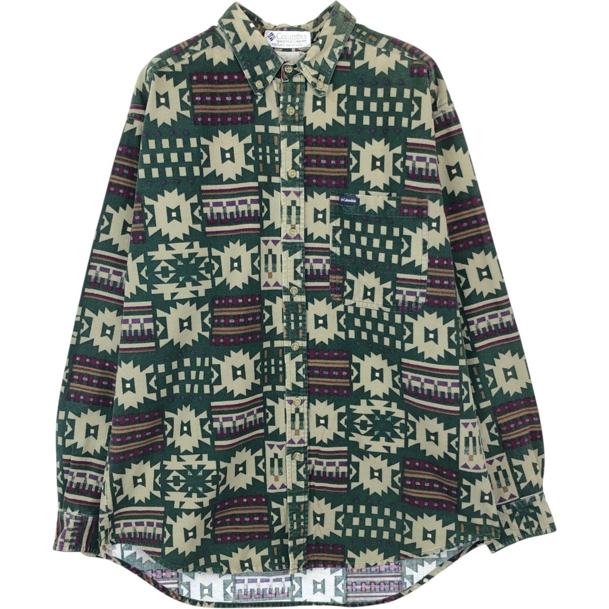 古着 90年代 コロンビア Columbia 白タグ 総柄 ネイティブ柄 長袖 ボタンダウン フランネルシャツ メンズL相当 ヴィンテージ/eaa672803