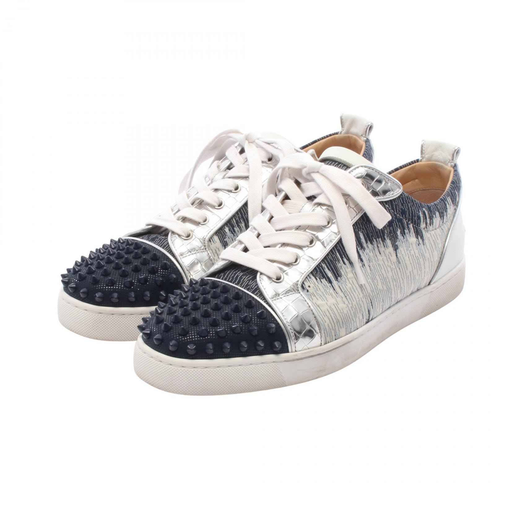 クリスチャンルブタン Christian Louboutin スパイクスタッズ クロコ型押し スニーカー 靴 キャンバス レザー メンズ ネイビー系 / シルバー系 【中古】
