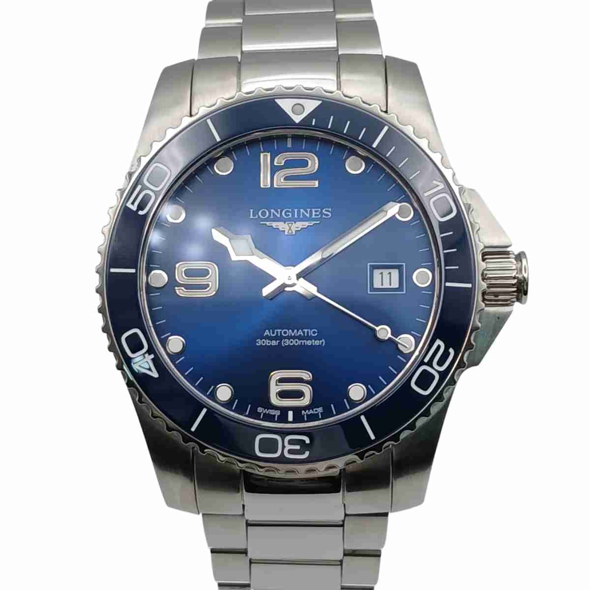 LONGINES ロンジン ハイドロ コンクエスト オート 41mm デイト 自動巻き 腕時計 L3.781.4 ステンレススチール シルバー ブルー メンズ【中古】